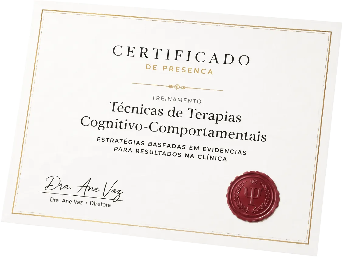 Certificado de presença da imersão Técnicas Transdiagnósticas nas Terapias Cognitivo-Comportamentais